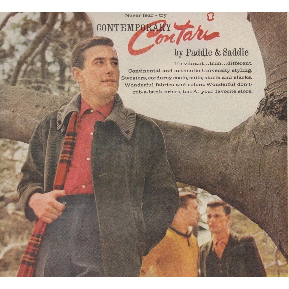 Vintage 1960 Contari Men's Mid Century Fashion By Paddle Saddle Print Ad